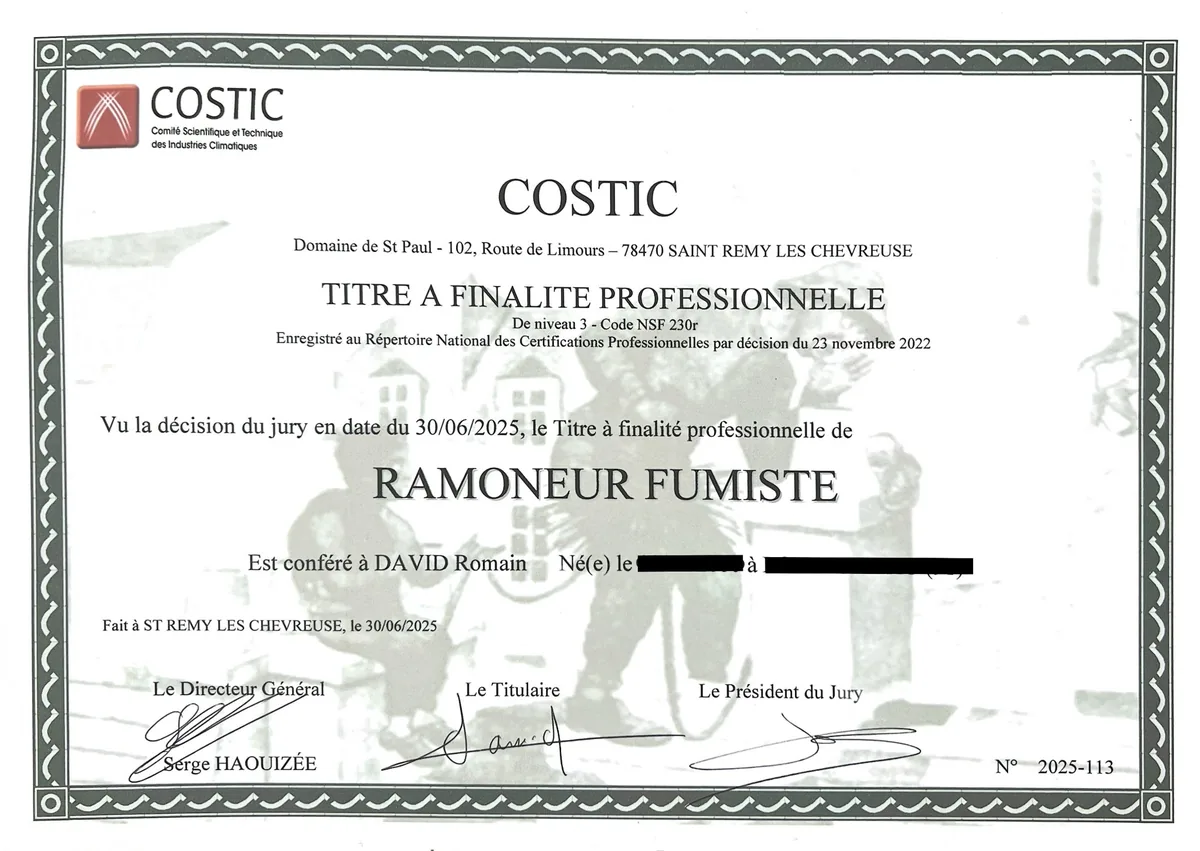 Diplôme d'État Ramoneur Fumiste COSTIC – Romain David DAVRO Ramonage
